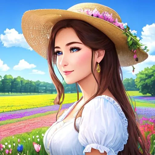 Prompt: A beautiful farmer singing a song amidst a field of flowers on a sunny morning. The farmer's eyes are azure blue and attractive. Her nose is attractively sharp and her lips a shade of luscious pink.