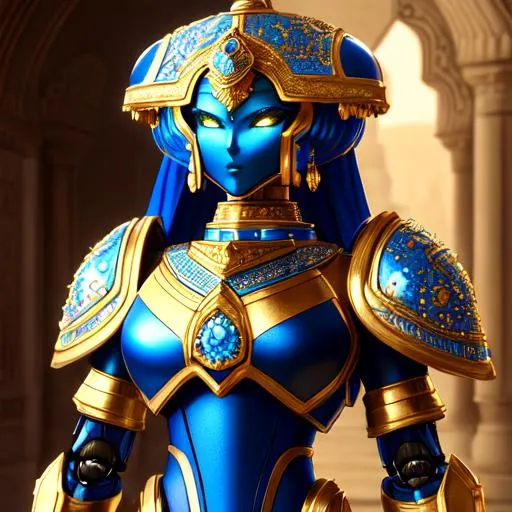 Prompt: create most beautiful photograph of most beautiful fictional, robot, Persian style, blue, white, golden, Royal, extremely, detailed environment, detailed background, intricate, detailed skin, natural colors , professionally color graded, photorealism, 8k, moody lighting.