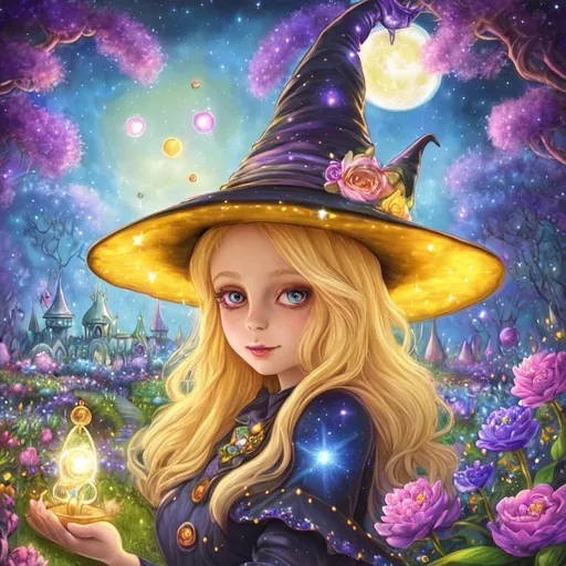 Prompt: cute blonde witch wearing a hat, in a sparkling enchanted garden filled with colorful flowers at night, highres, award winning illustration, extremely detailed, painting, colorful, cute, dreamy, fantasy, sci-fi, space, stars, clouds, moons, galaxy, planets, realistic, Disney, Pixar, tarot card style, Tim burton, large eyes, 