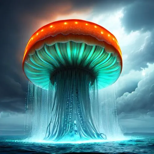Prompt: gigantic monstrosity jellyfish sea monster, highly detailed body, full body, whole body visible, full character visible, thunder storm, soft lighting, high definition, ultra realistic, extremely detailed, unreal engine 5, 8K, digital art