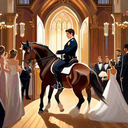 Prompt: Caleb  as a police officer (brown hair) (brown eyes) wearing a tuxedo, full body, riding a horse, pulling back on the reins, making the horse on its hind legs rearing  up, two large doors directly behind him, center, front-facing, stopping a wedding, objecting, still image, standing in the altar room