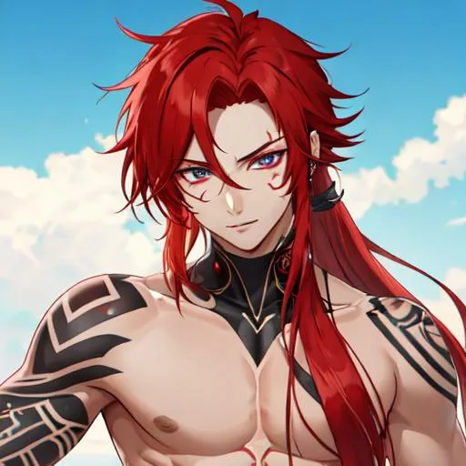 Prompt: Zerif 1male (Red hair covering his right eye) with tattoos

