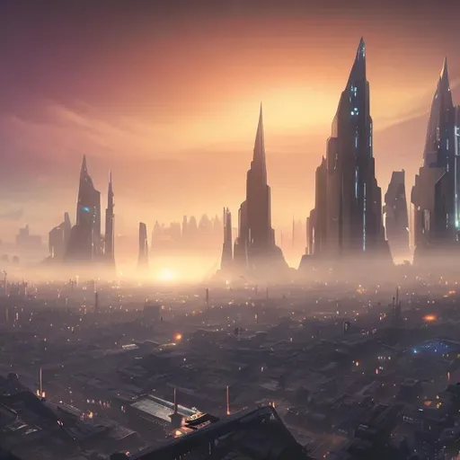 Prompt: A futuristic city, with light yellow fog in the background, and a distant sunset
