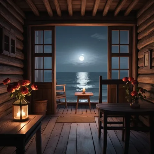 Prompt: The dark sea is bathed in the white moonlight, the sky is night but the moonlight is very bright. On the right side of the scene is the sea and the beach, while on the left side stands a two-floor wooden house by the sea. The house has a porch with two wooden chairs and a wooden table. On the table, there is a glass vase with roses. The exterior of the second-floor wooden house is covered with roses, and warm orange candlelight shines through the windows. There is a small box for flower arrangements on the front door of the ground floor of the wooden house. Behind the wooden house, in the distant background, are dense woods. The perspective is from the outside.The vibe is romantic. The ocean dominates more of the scene than the house. Makes me can feel the wind breeze

