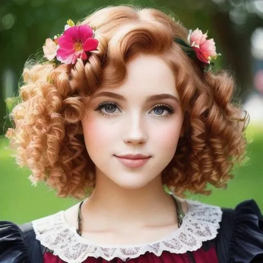 Prompt: Short strawberry blonde curly hair, Renaissance era, flowers in hair, girl, pretty, face