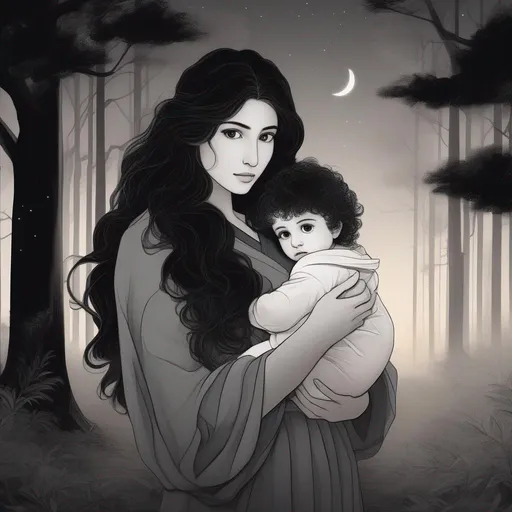 Prompt: highest quality anime art masterpiece, digital drawing, Azerbaijani woman with long black thick wavy messy hair:vistani, carrying a bald headed shaved head newborn baby boy in her arms, round face, broad cheeks, sad in a forest on a dark foggy night, big brown eyes, tanned skin:2, waxing moon, huge long wide broad hooked greek aquiline algerian oriental arabic nose, flat chest, ethereal, jewelry set, highres, realistic, highly detailed, fantasy, gypsy, roma, D&D, Ravenloft, by Ilya Kuvshinov