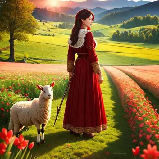 Prompt: Traditional red dress shepherd woman, 22 years old, Shepherd's crook, sheeps, farm, spring, blooming, sunrise, forest, sun light, light from behind, fields, flowers

Ultra high definition, realistic picture, detailed, intricated, 4K, 8K, wallpaper, award winning