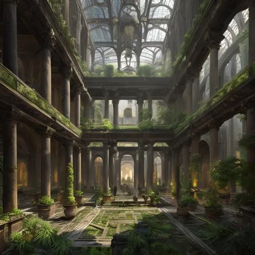 Prompt: Matte painting of the interior of ancient atrium with greenery growing along the walls, dark lighting, Victorian style, Fantastical, elaborate, dynamic perspective, stained class ceiling, detailed digital art trending in artstation