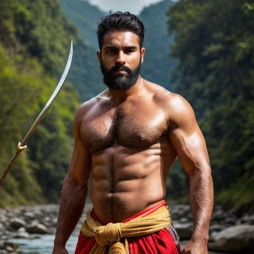 Prompt:  a full body portrait of rugged warrior "delhi hypermasculine muscle handsome face", brat, dhoti, "sweaty sweaty hairy hairy chest pecs", village river,  spear bow arrow, ""hyperreal "detailed" face"", river, depth of field, arena, perfect composition, hyperrealistic, super detailed, 8k, high quality, trending art, trending on artstation, sharp focus, studio photo, intricate details, highly detailed, by greg rutkowski