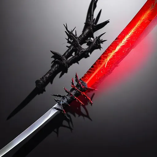 Prompt: A sword with thorns on the handle and a slick shines red and black blade covered in a shadow looking smoky aura
