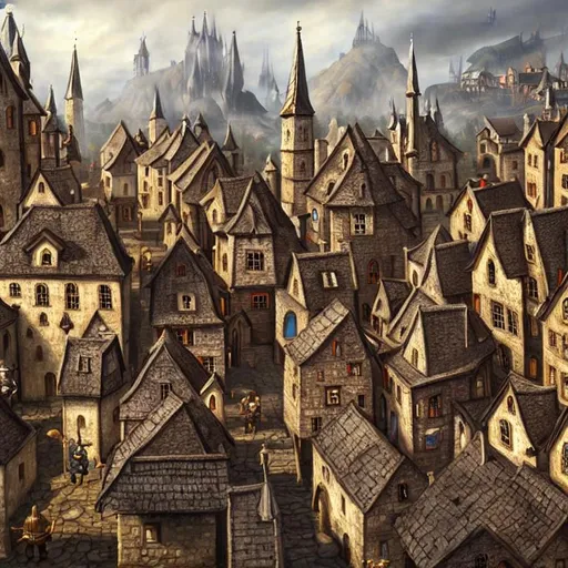 Prompt: a detailed realistic painting of a town with various medieval buildings and characters inspired by the world of mordheim and warhammer
