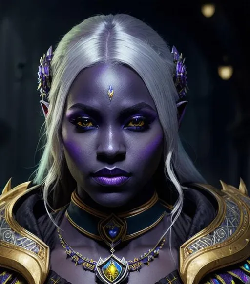 Prompt: Portrait of Female Drow Noble, Dark Elf, D&D, Pathfinder, Fantasy, yellow and purple, yellow and blue, Epic cinematic brilliant stunning intricate meticulously detailed dramatic atmospheric maximalist digital matte painting a masterpiece, 8k resolution, dark fantasy concept art, by Greg Rutkowski, dynamic lighting, hyperdetailed, intricately detailed