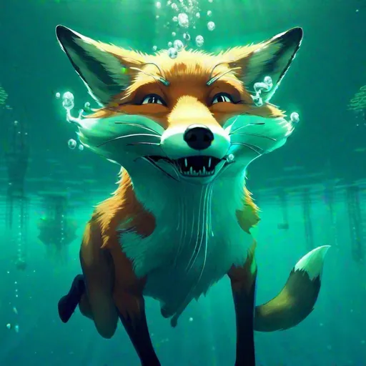 Prompt: Anthropomorphic fox breathing underwater