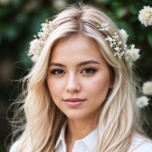 Prompt: Blond hair mid  twenty flowers in her hair realistic with shirt