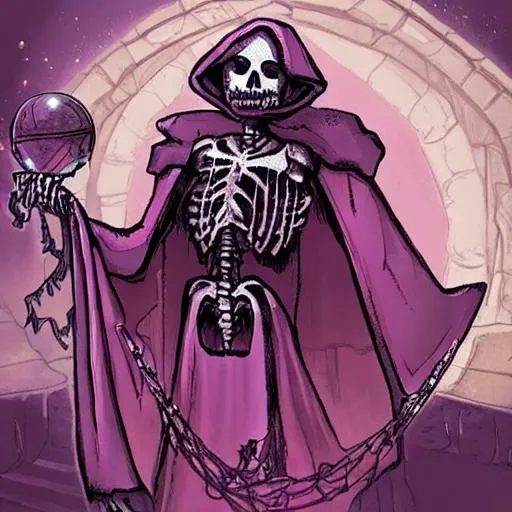 Prompt: A skeleton Necromancer wearing a cloak and hood holding a crystal ball with a pink beholder from dungeons and dragons behind him. Inside a dark haunted castle.