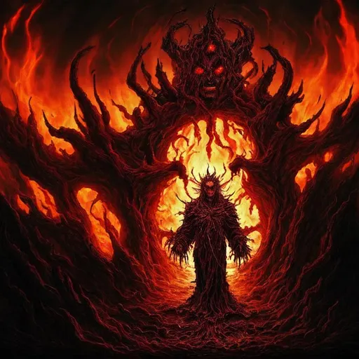 Prompt: Dark ancient god waking from long slumber in a post Apokalyptical burning world one step away from the entrance to the Purgatory, surrounded by Suffering tormented souls and sinister creatures,sinner,underworld,undead,evil,hell,devil,darkness,Takeshi Oda,