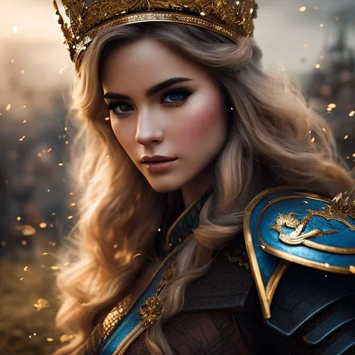 Prompt: create a photograph of beautiful fictional female with crown fighting in war, extremely detailed environment, detailed background, intricate, detailed skin, natural colors , professionally color graded, photorealism, 8k, moody lighting