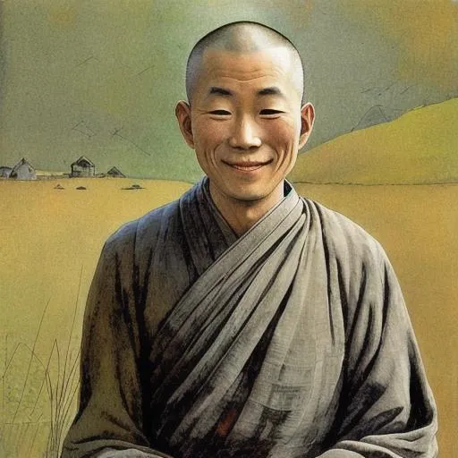 Prompt: Zen monk smiling in the style of Andrew Wyeth.