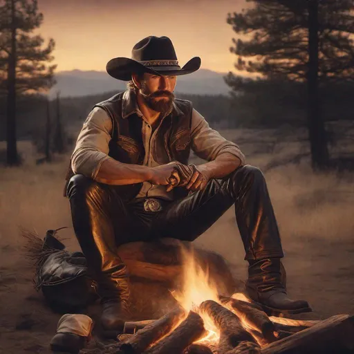 Prompt:  cowboy with a short beard wearing leather pants, leather gloves, leather shirt, bandana, sitting at a campfire at dusk, smoking a cigarette, rugged western style, high quality, realistic, warm lighting, detailed textures, dramatic composition, classic cowboy