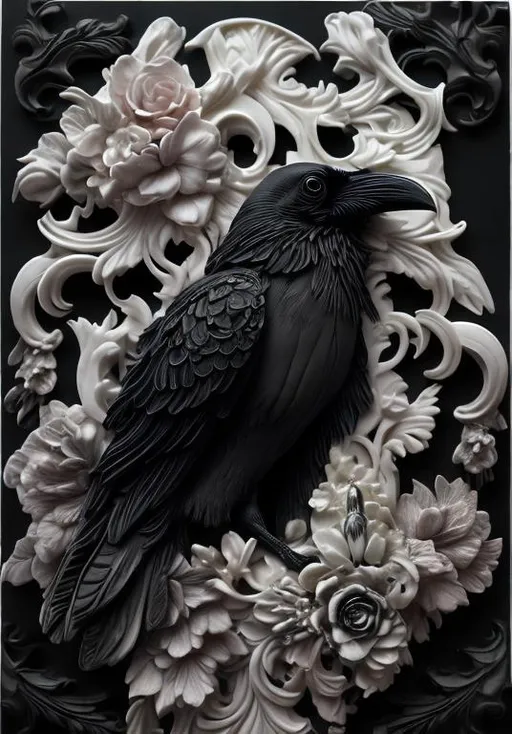 Prompt: One raven in front of an ivory cameo, black, white, surrounded by cosmo flowers, gladiolus flowers on each side, gothic style, sketch 