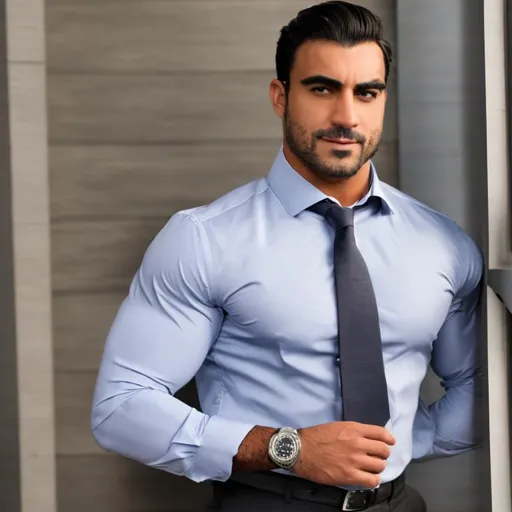 Prompt: Hot muscular Spanish bodybuilder in a  dress shirt, tie, and slacks 