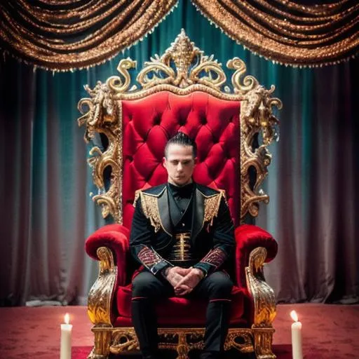 Prompt:  Professional photography, bokeh, Nighttime lighting, canon lens, shot on dslr 64 megapixels sharp focus, photorealistic, Intricately Designed, Hyperrealistic, Ultra Detail, Male {{{(Evil Male Vampire)!!!, sitting on a throne, in a castle, Drinking Blood, Knights at the ready}}}, Sinister, Savage, Bloody, Violent, Midnight.