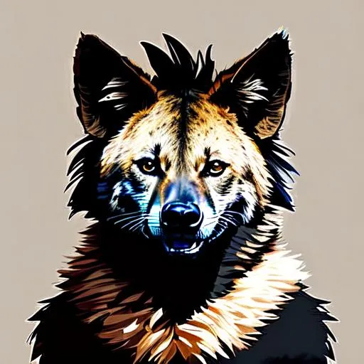 Prompt: A full body portrait of an anthropomorphic young striped Hyena with black fur a long shaggy mane and thin long body standing on two digitigrade feet smiling with malicious intent, anthro striped hyena, furry striped hyena, smiling, detailed cute young face, long thin snout, standing, humanoid anatomy, digital artwork, drawn image