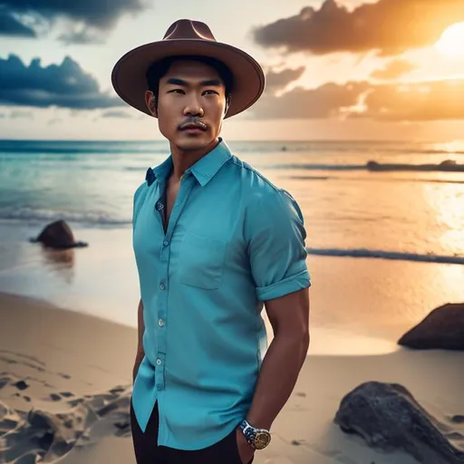 Prompt: Asian man, straight black hair handsome & attractive ((8k Quality, Full HD))), Large musculature/muscular, FULL BODY, , flamingo Blue shirt, trimmed beard, wearing khaki straw/sun hat,  beautiful beach sunset background, swirly clouds 