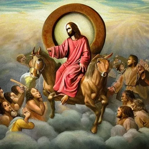 Prompt: Jesus Christ as depicted in the book of  revaltion coming out of heaven gathering his chosen to ride against the enemy Satan 