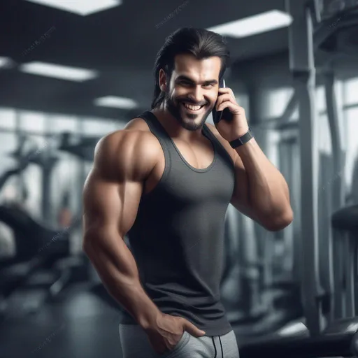 Prompt: Lobo goes to the gym and he is smiling, talking at the phone as gorgeous girl look at him. Realistic photography