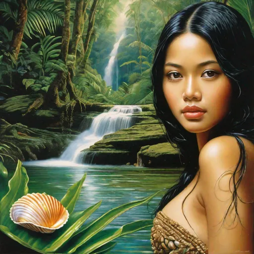 Prompt: pretty young Indonesian woman, 25 year old, (round face, high cheekbones, almond-shaped brown eyes, epicanthic fold, long black hair with seashell ornaments, small delicate nose), emerging from water, seashell bra,  scenery natural pool in tropical Indonesian rain forest, lush green plants, waterfall, masterpiece, intricate detail, hyper-realistic, photorealism, hyper detailed texturing, high resolution, best quality, UHD, HDR, 8K, award-winning photograph, octane render