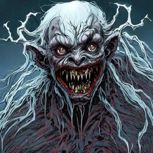 Prompt: A Boo Hag is a creature of the night, a skinless monster with red muscles, prominent blue veins, and eyes that reflect light like a cat’s. Sometimes it’s depicted with flowing white hair, like the hair that “grows” on corpses that led many older generations to believe the vampires were coming from the dead to feed. (Hair and fingernails seem to “grow” on corpses because, as the skin dehydrates, the nails and hair look longer). 