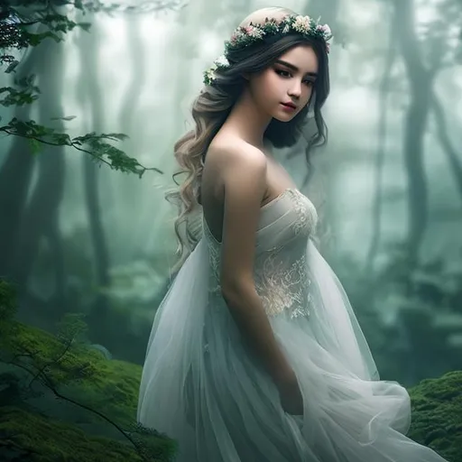 Prompt: a beautiful girl in A mysterious forest shrouded in mist, revealing glimpses of mythical creatures and hidden messages, ultra realistic 
