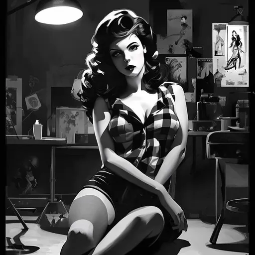 Prompt: "painting of the figure of a pin up girl posing, high contrast, poster, clothes in the fashion of 6 0's, concept art, black and white, dramatic lighting, digital art, 8 k, drawn by arnold armitage"