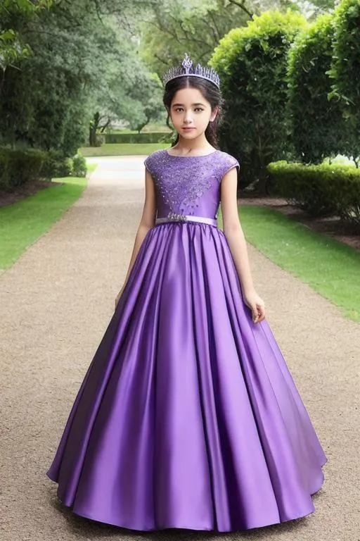 Prompt: Girl 14yo, Queen purple dress, dress long, Queen crown,