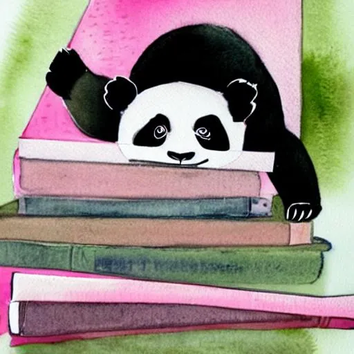 Prompt: A panda staying at a desk whimsical watercolour pink grey stack of books 