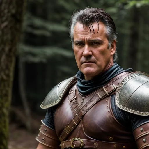 Prompt: Create a photograph of a Celtic warrior using bruce campbell as the basis, leather armor,  extremely detailed environment, detailed background, intricate, detailed skin, natural colors , professionally color graded, photo realism, 8k, moody lighting, 