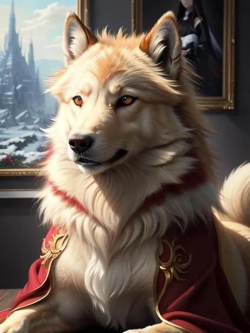 Prompt: 8k, 3D, UHD, masterpiece, oil painting, best quality, artstation, hyper realistic, perfect composition, zoomed out view of character, 8k eyes, Portrait of a (beautiful Ninetales), {canine quadruped}, thick glistening gold fur, deep sinister (crimson eyes), ageless, lives a thousand years, epic anime portrait, wearing a beautiful (silky scarlet and gold scarf), thick white mane with fluffy golden crest, sparkling gold mane, golden fur highlights, studio lighting, animated, sharp focus, intricately detailed fur, graceful, regal, cinematic, magnificent, sharp detailed eyes, beautifully detailed face, highly detailed starry sky with pastel pink clouds, ambient golden light, perfect proportions, nine beautiful tails with pale orange tips, insanely beautiful, highly detailed mouth, symmetric, sharp focus, golden ratio, complementary colors, perfect composition, professional, unreal engine, high octane render, highly detailed mouth, Yuino Chiri, Anne Stokes