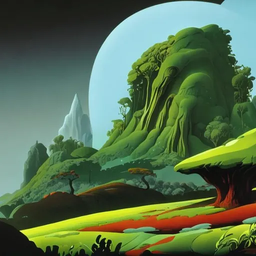 Prompt: landscape in the style of Roger Dean