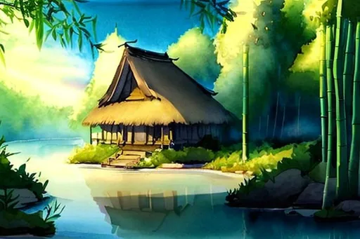 Prompt: light watercolor, a cottage in a bamboo forest, bright, side view, simple white background, Small river, few details, Ghibli, fairy tale