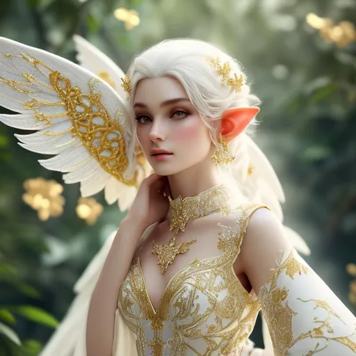 Prompt: beautiful photograph of most beautiful fictional, elf, goodnes, angelic, White and golden, extremely, detailed environment, detailed blur background, intricate, detailed skin, natural colors , professionally color graded, photorealism, 8k, moody lighting.
