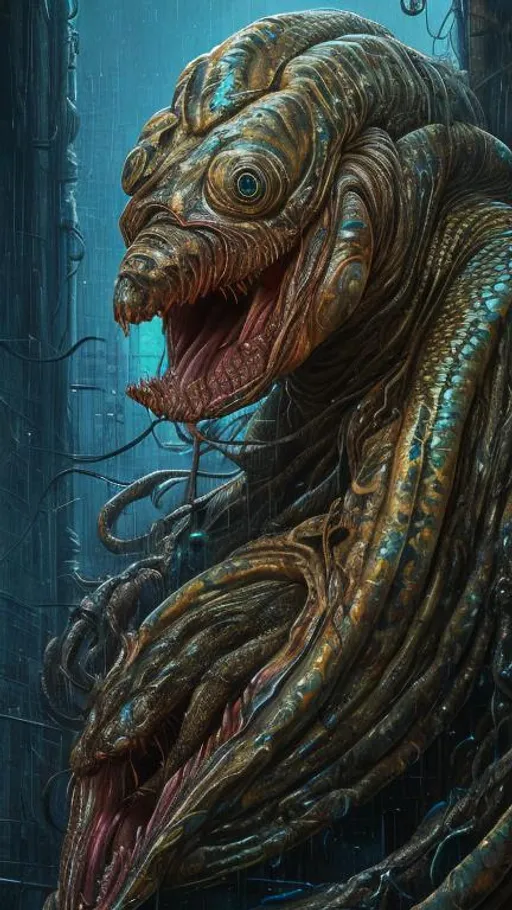 Prompt: Portrait of an incredibly ugly person with the head of a electric eel. slimy and wet, intricate complexity, horror, psychedelic art, trending on art station, photoreal, 8k, octane render, by Naoto Hattori + Daniel Merriam, dystopian background, tetradic colors dystopian fantastical hyperdetailed cyberpunk