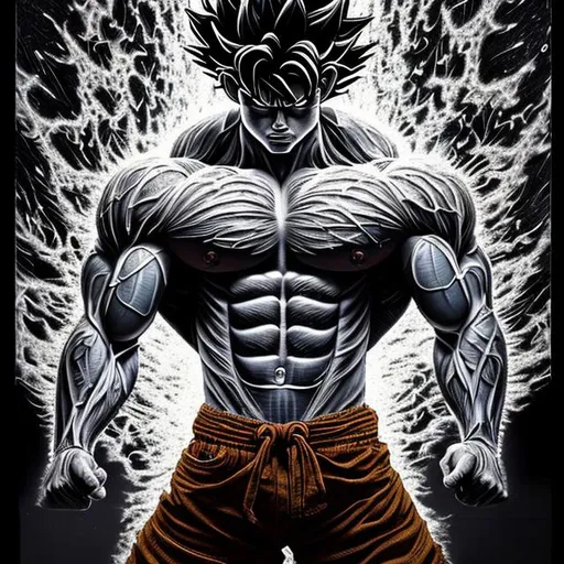 Prompt: 64K masterpiece intricate hyperdetailed breathtaking 3D glowing black oil painting medium portrait of Son Goku, black trousers, intricate hyperdetailed muscular body, intricate hyperdetailed muscles, glowing white light reflection on the muscles, hyperdetailed intricate hard standing glowing hair, hyperdetailed glowing angry white eyes, detailed face, white glowing muscles, white glowing body, white glowing skin, semi-polaroid monochrome photography, hyperdetailed complex, character concept, hyperdetailed intricate glowing shining glamorous white water drop floating in the air, very angry, intricate glowing light reflection, intricate hyperdetailed glowing iridescent reflection, strong glowing white light on the hair, contrast white head light, hyperdetailed very strong black shading, very strong black muscle shadow, professional award-winning photography, maximalist photo illustration 64k, resolution High Res intricately detailed, impressionist painting, yellow color splash, illustration, key visual, panoramic, cinematic, masterfully crafted, 8k resolution, stunning, ultra detailed, expressive, hypermaximalist, UHD, HDR, UHD render, 3D render, 64K, hyperdetailed intricate watercolor mix oil painting on the body, Toriyama Akira