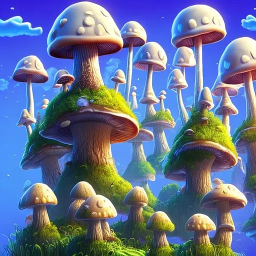 Prompt: mushroom floating islands with some structures on top
