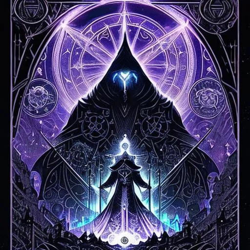 Prompt: black paper + tarot card + eldritch god, vintage detailed sci-fi illustration designed by Marc Simonetti and Mike Mignola + psychedelic black light style + intricate ink illustration + symmetry + bloodborne + --aspect 9:16