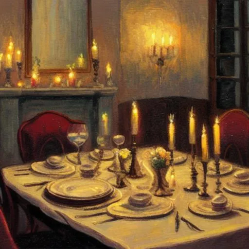 Prompt: A painting of a table set for a candlelit dinner at night