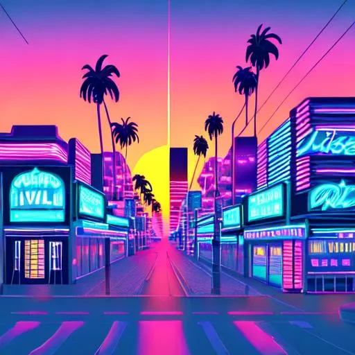 Prompt: vaporwave city, neon lighting, beautiful sunset, palm trees. Retro 