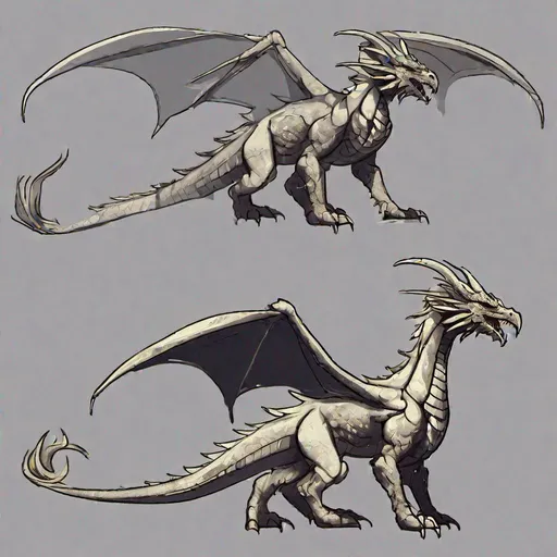 Prompt: Concept designs of a dragon. Full dragon body. Dragon has four legs and a set of wings.  Side view illustration.