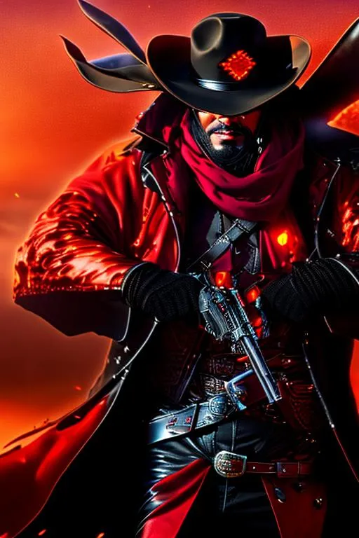 Prompt: Cyber Cowboy with 4 Arms, fiery red Poncho, Dressed in black duster and Stetson Cowboy Hat, with Red Sunglasses, Haunting Presence, Photorealism, Hyperrealism, Intricately Detailed, Hyperdetailed, Desert Wild West Landscape, Dusty Midnight Lighting, Filmic, Movie Quality, 8K Resolution, Wild West Feel