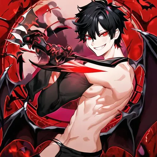 Prompt: Damien (male, short black hair, red eyes), demon form, shirtless, grinning seductively, holding a knife, hearts around him
